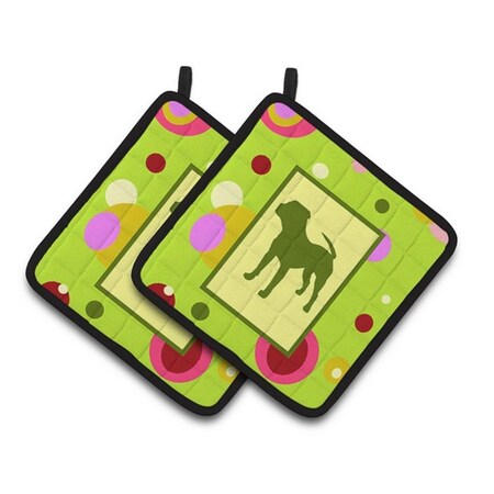 Carolines Treasures Lime Green Dots Pit Bull Pair of Pot Holders, 7.5 x 3 x 7.5 in. CK1153PTHD